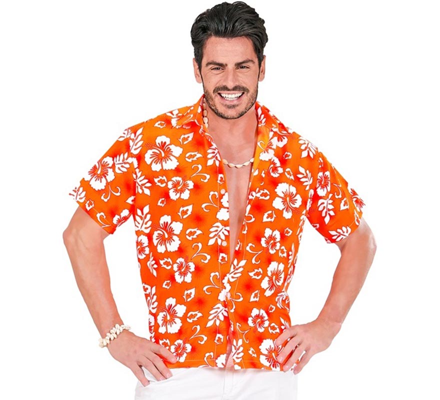 Translation missing: en.Camisa manga corta Hawaiana con Flores naranja para hombre