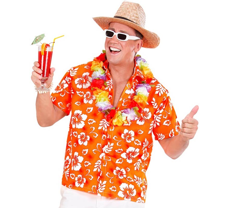 Camisa manga corta Hawaiana con Flores naranja para hombre