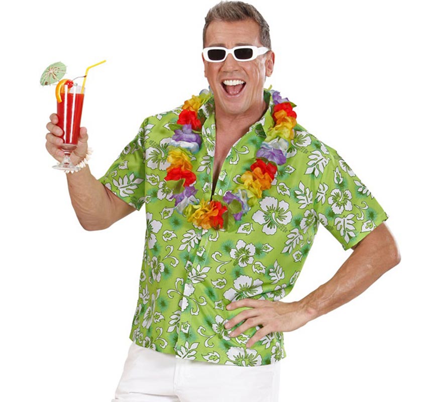 Translation missing: en.Camisa manga corta Hawaiana con Flores verde para hombre