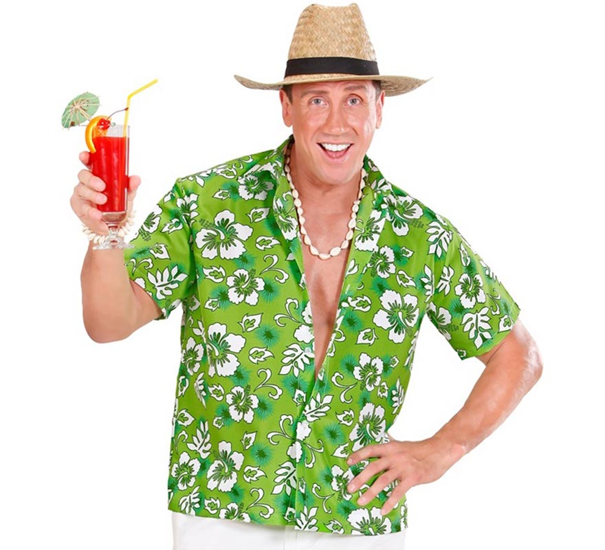 Translation missing: en.Camisa manga corta Hawaiana con Flores verde para hombre