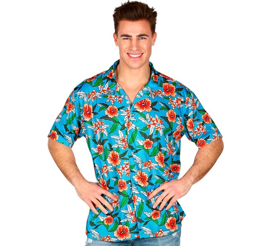 Camisa manga corta Hawaiana Estampada azul para hombre
