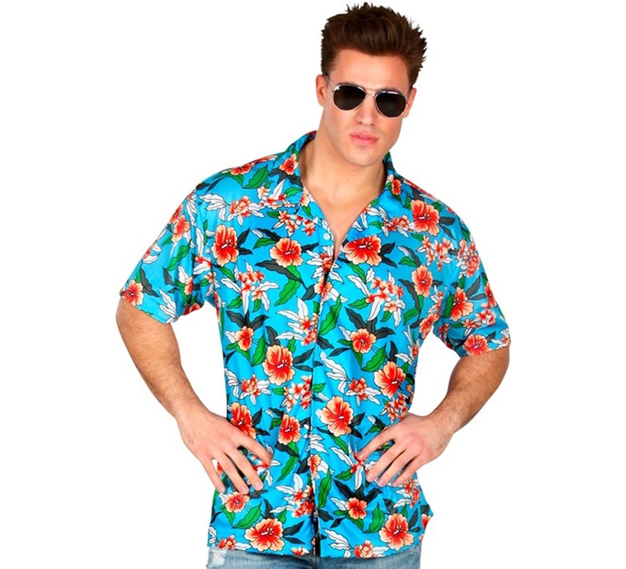 Translation missing: en.Camisa manga corta Hawaiana Estampada azul para hombre
