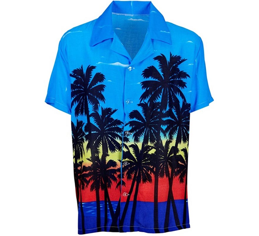 Camisa manga corta Hawaiana Palm Beach azul para hombre