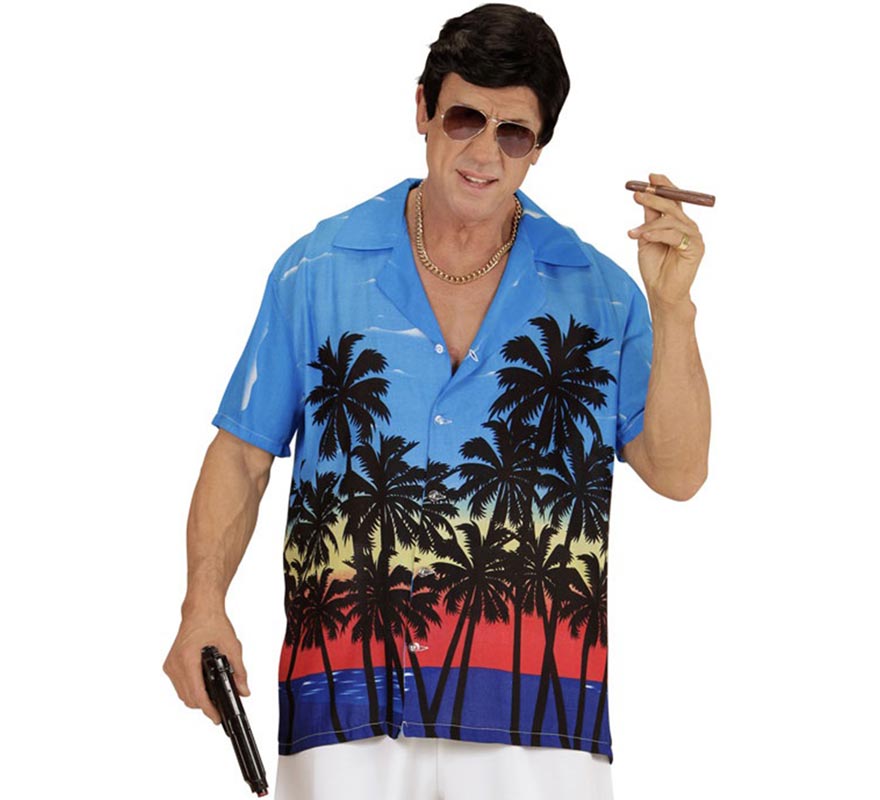 Translation missing: en.Camisa manga corta Hawaiana Palm Beach azul para hombre