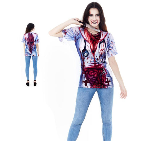 Camiseta con estampado doctor asesino Halloween para mujer