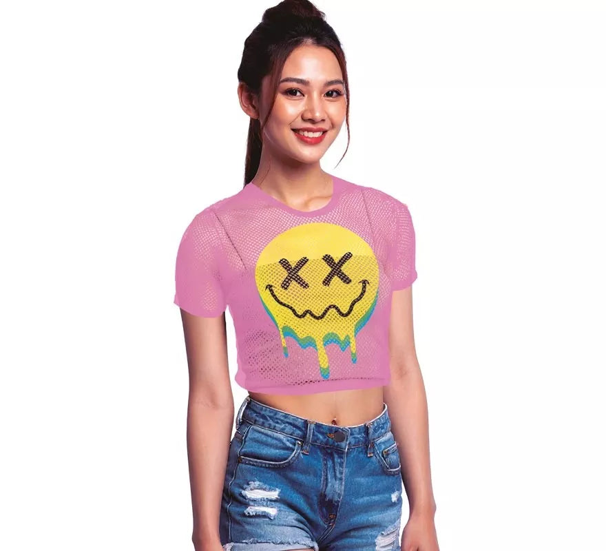 Camiseta de Rejilla Acid Smile rosa para mujer