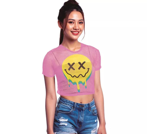 Camiseta de Rejilla Acid Smile rosa para mujer