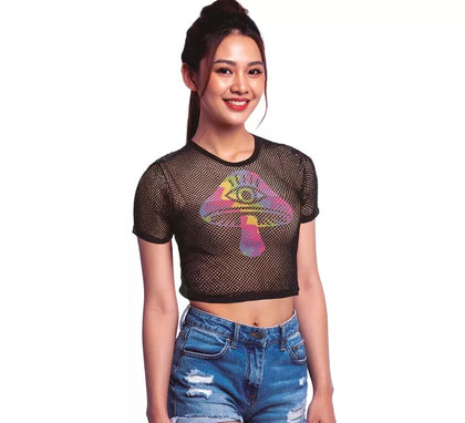 Camiseta de Rejilla Seta negra para mujer