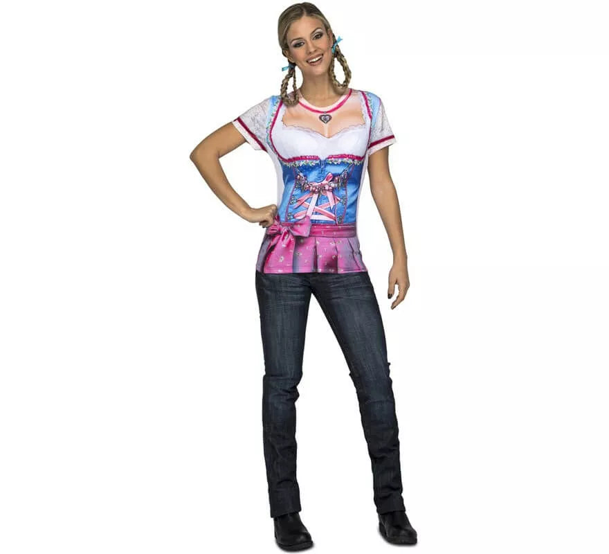 Camiseta disfraz de Tirolesa azul y rosa para mujer