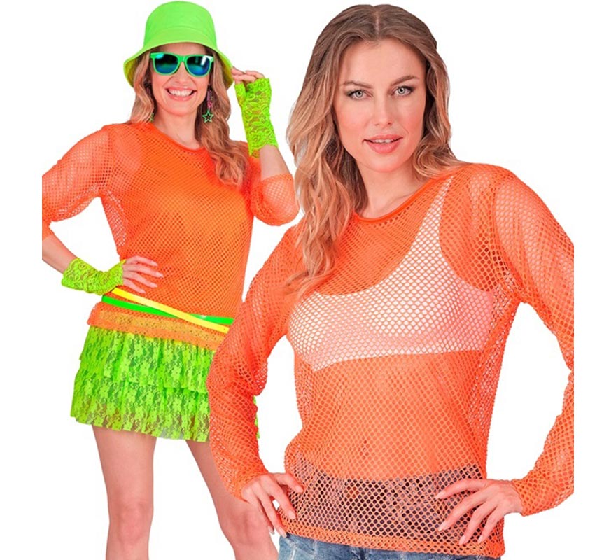Camiseta manga larga de Malla naranja neón para mujer