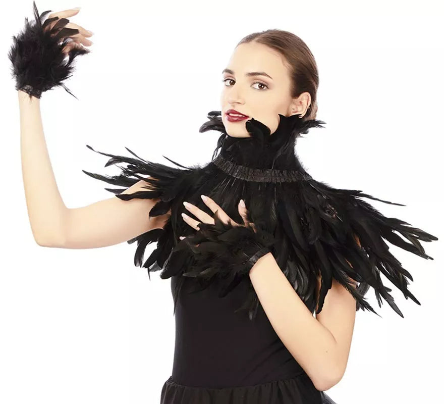 Capelina con plumas negras adulto de 55 cm