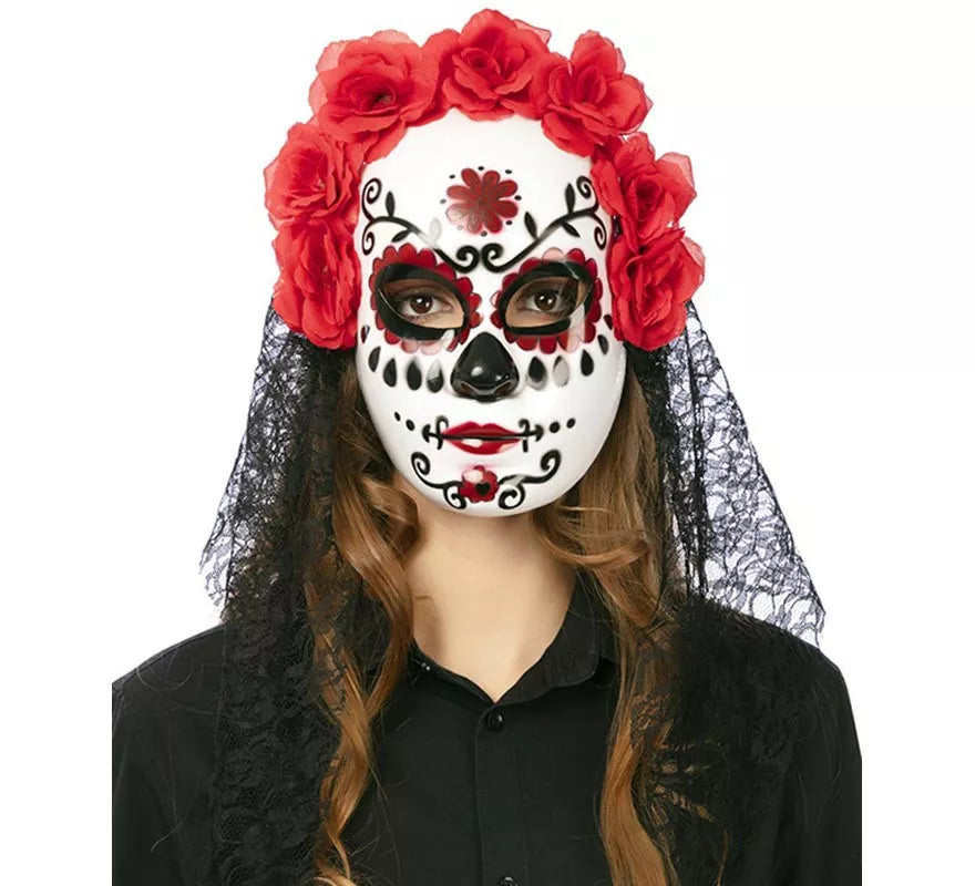 Translation missing: en.Careta Catrina con flores y velo adulto de 27x24 cm