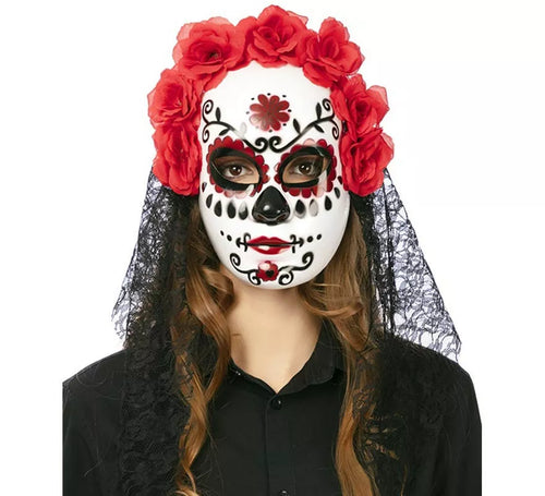 Careta Catrina con flores y velo adulto de 27x24 cm