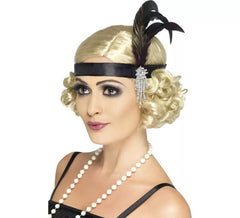 Charleston Satin Headband with Feather and Jewel