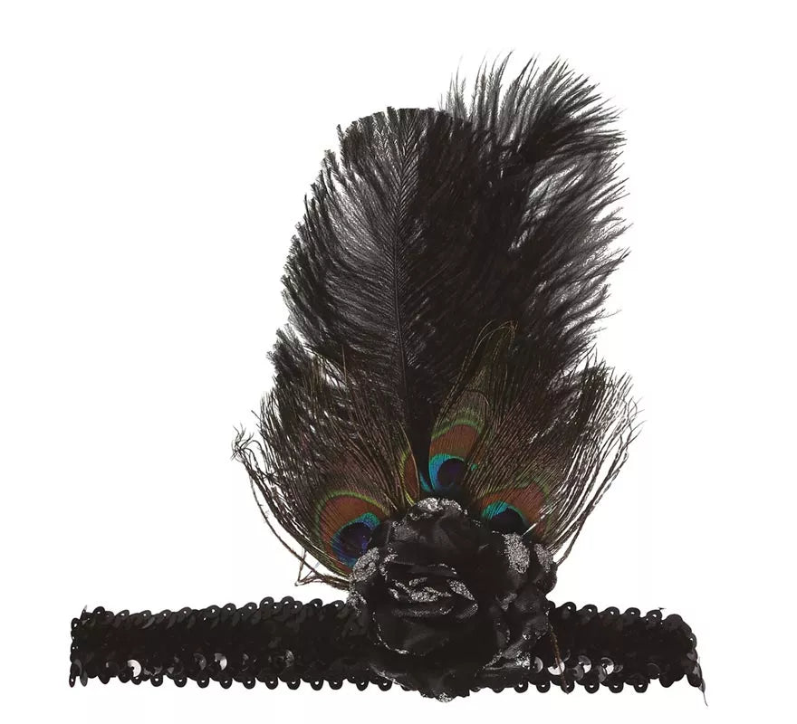 Cinta de Lentejuelas Negra con Plumas