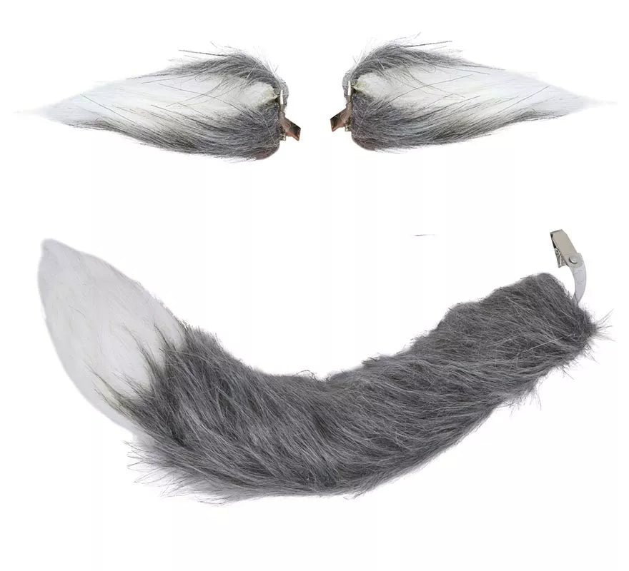 Set lobo Cola y Orejas Gris de 40 cm