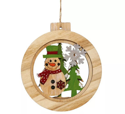 Colgante Bola de Madera con Muñeco de Nieve de 12 cms