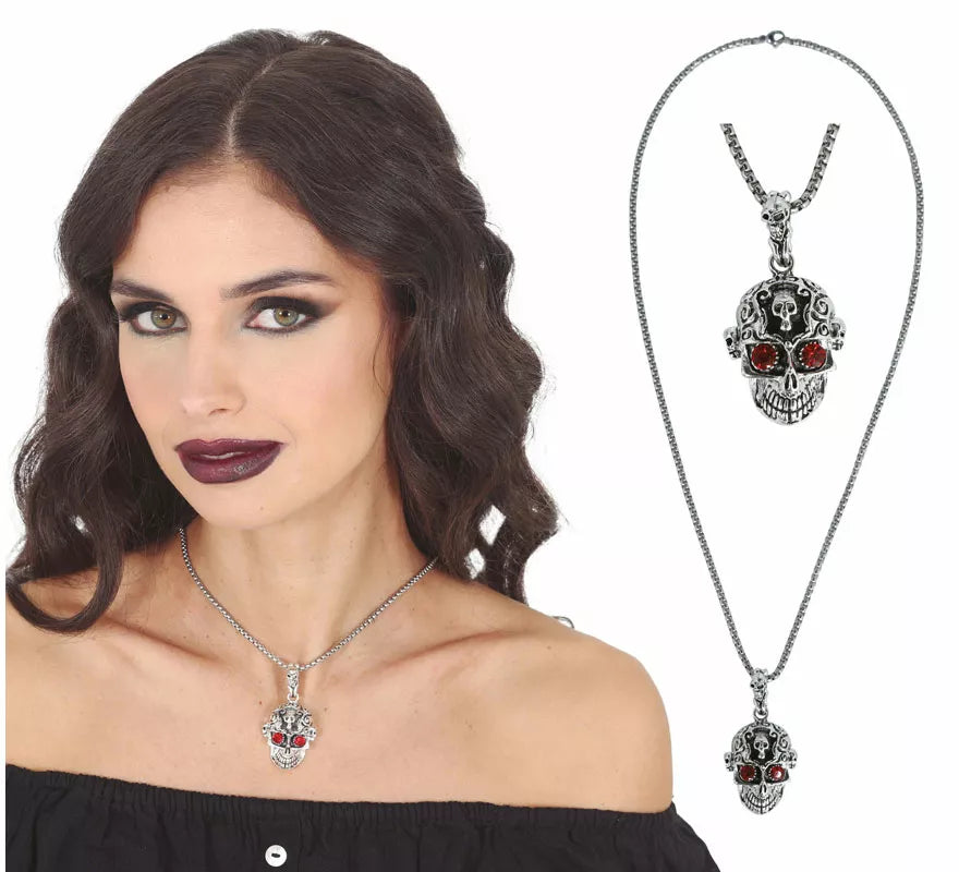 Collar Cabeza Calavera Ojos rojos Metal, 5,5 cm