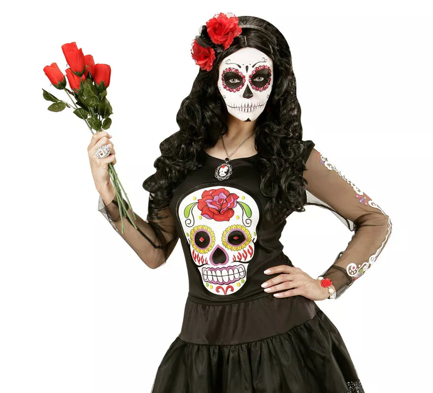Collar con Medallón de Calavera y Rosa Negra