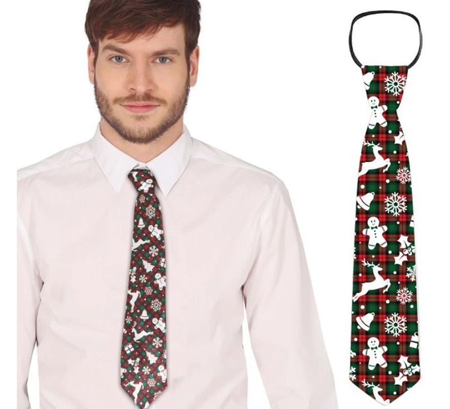 Corbata con figuras Navideñas verde y rojo a cuadros de 45 cm