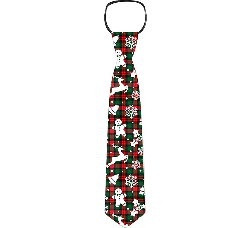 Corbata con figuras Navideñas verde y rojo a cuadros de 45 cm