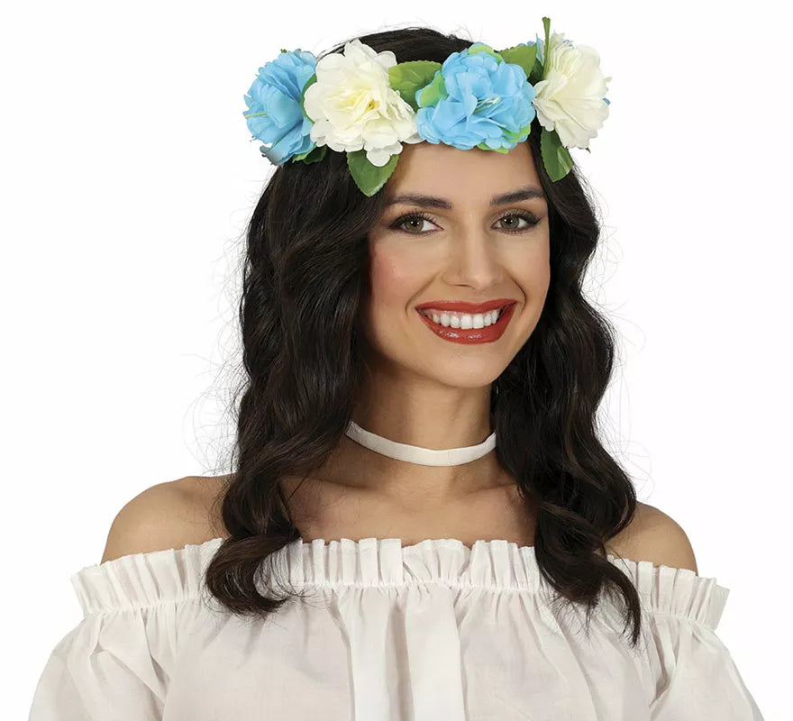 Corona de Flores blancas y azules de 20 cm