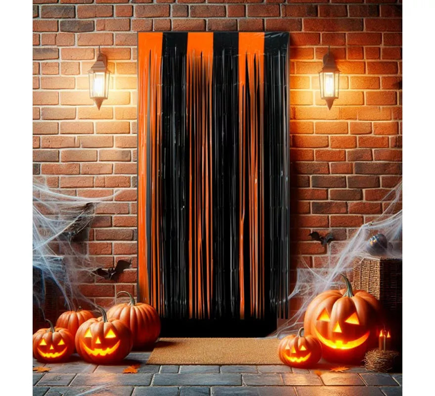 Translation missing: en.Cortina Halloween con flecos negro y naranja de 1x2 m