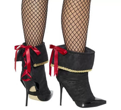 Black boot covers with red bows