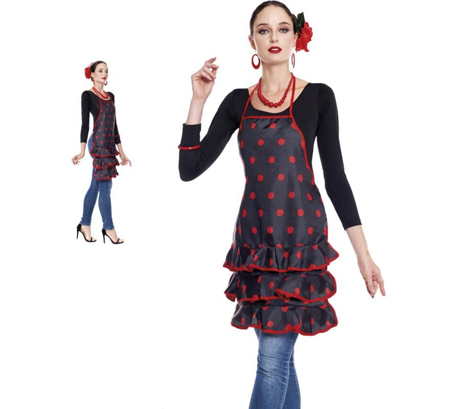 Delantal de Sevillana negro con lunar rojo para adulto