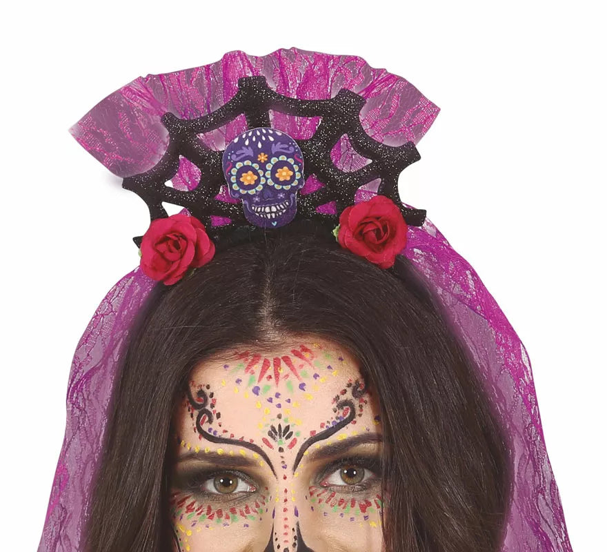 Diadema Calavera con Velo Lila y Rosas