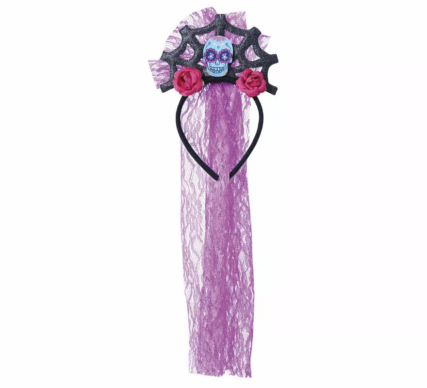 Translation missing: en.Diadema Calavera con Velo Lila y Rosas