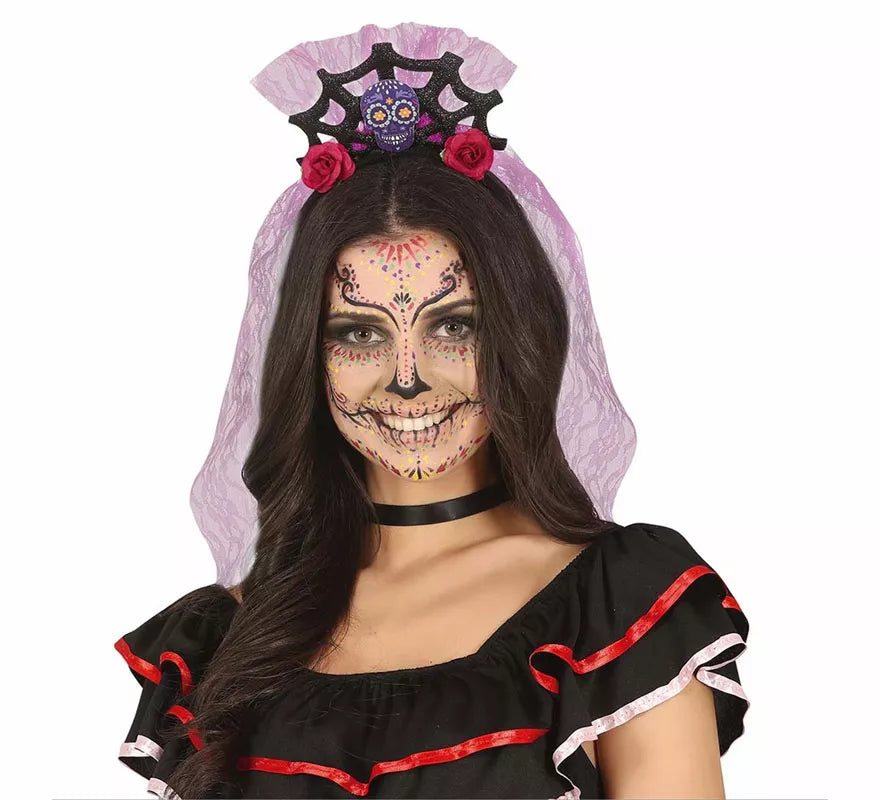 Translation missing: en.Diadema Calavera con Velo Lila y Rosas
