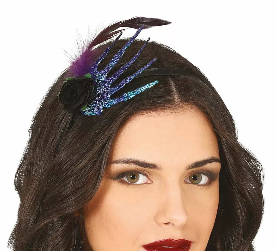 Diadema con Mano, Pluma y Rosa Negra