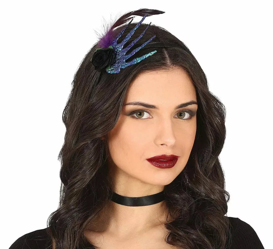Translation missing: en.Diadema con Mano, Pluma y Rosa Negra