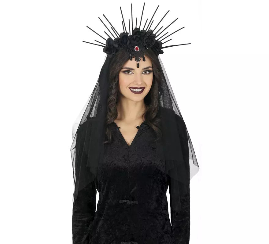 Diadema con Velo y Flores negras
