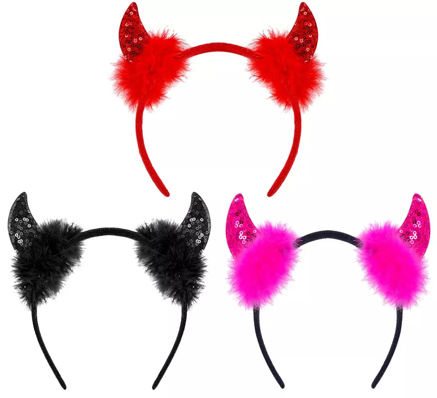 Diadema Cuernos Diablesa con Lentejuelas en varios colores
