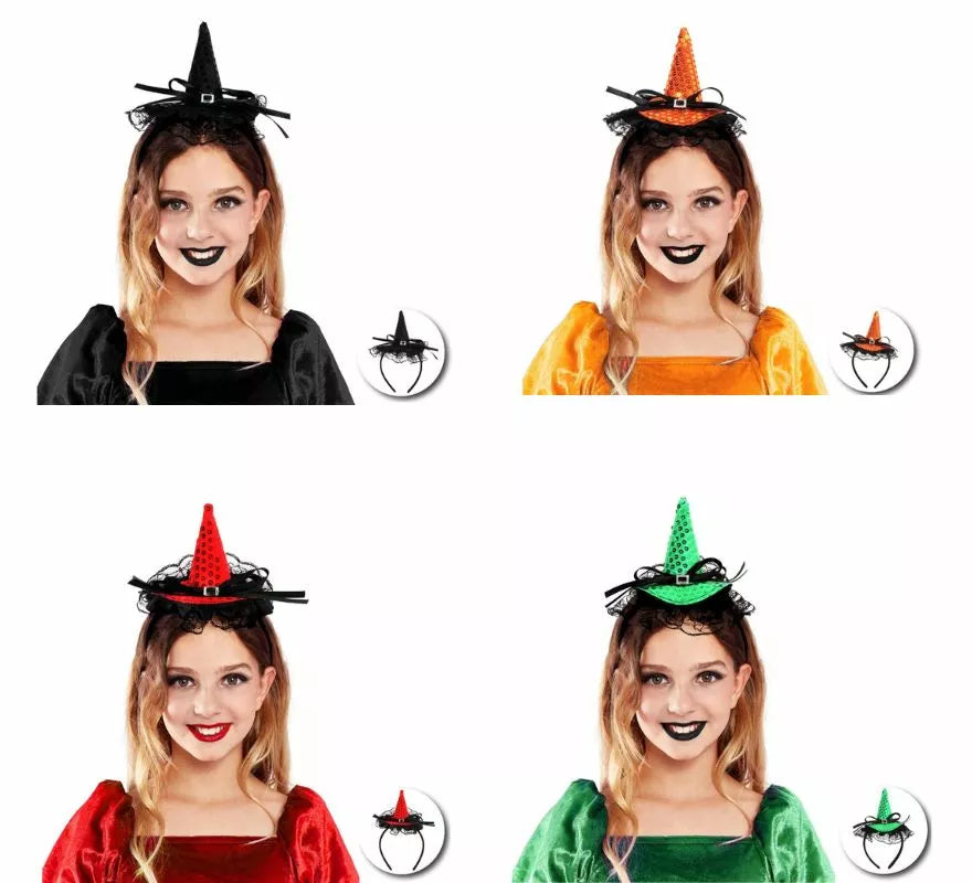 Translation missing: en.Diadema de Bruja con lentejuelas y lazo infantil en varios colores