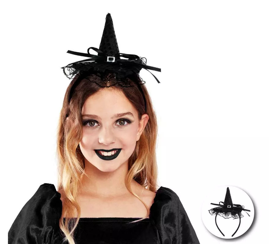 Diadema de Bruja con lentejuelas y lazo infantil en varios colores