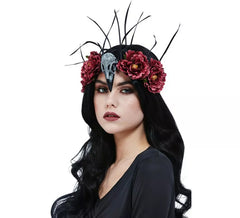 Skull and bird feather headband with flowers