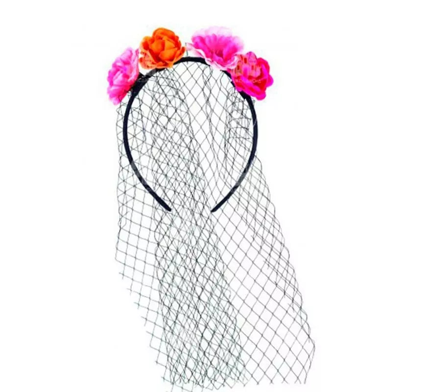 Diadema de Catrina con flores y velo