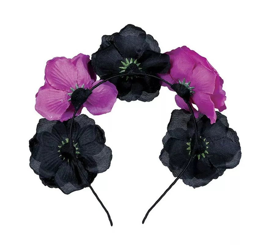 Diadema de Catrina Flores negras y púrpura