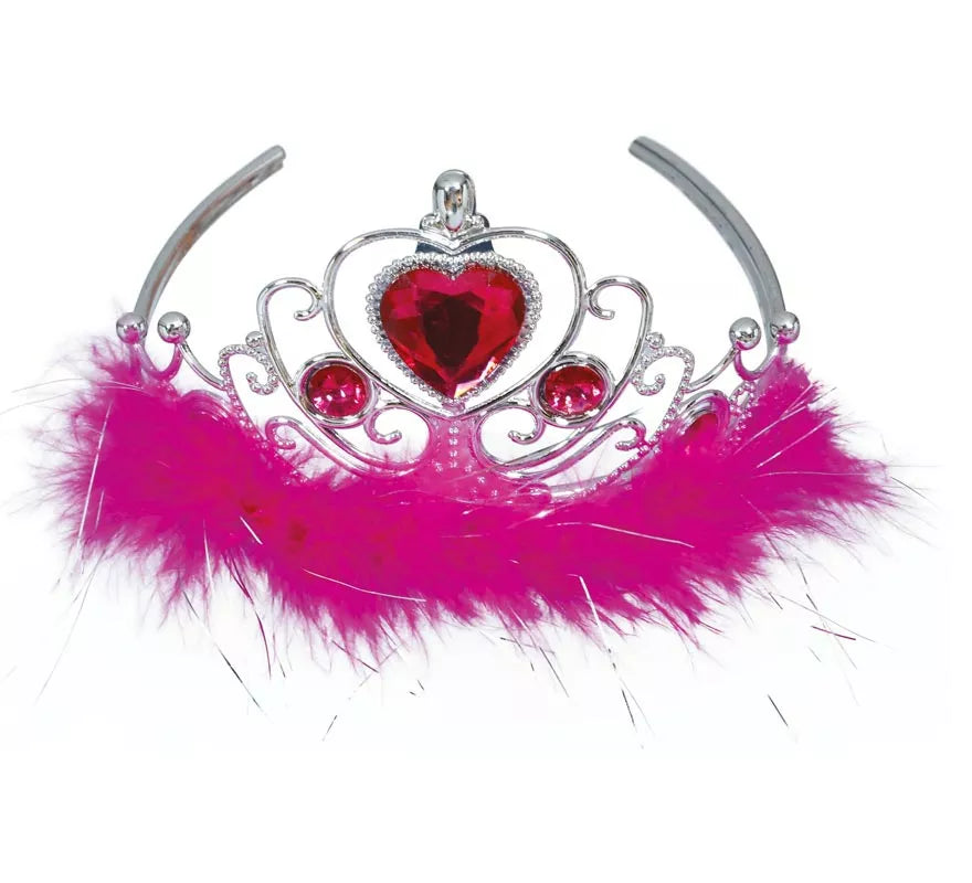 Diadema de Corazón rojo y plateada Pluma fucsia infantil