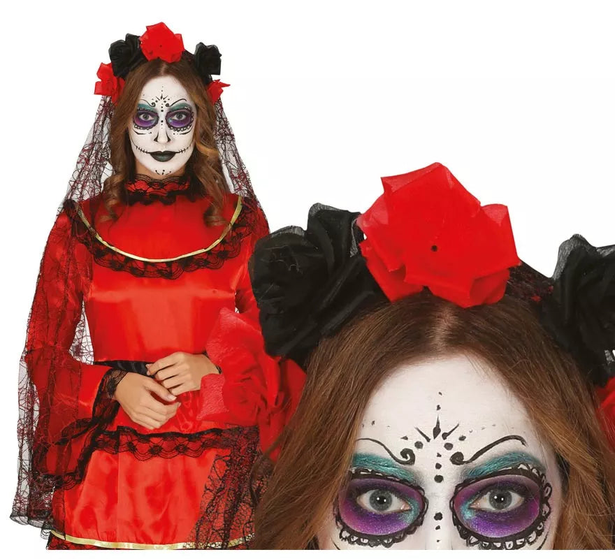 Diadema de Flores Negras y Rojas con Velo