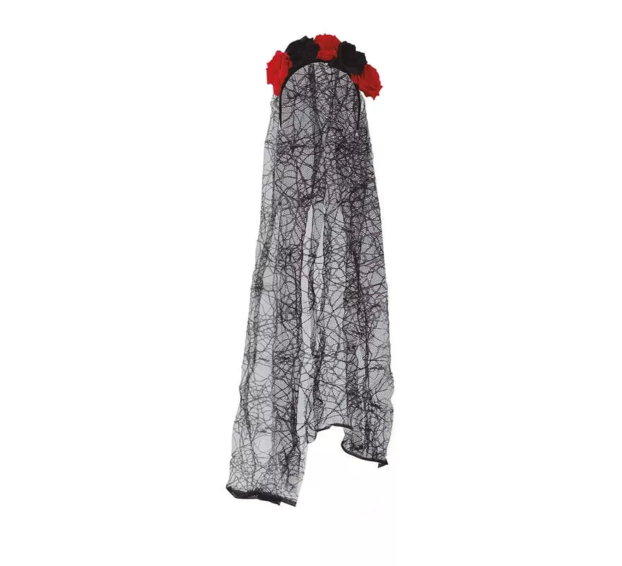 Diadema de Flores Negras y Rojas con Velo