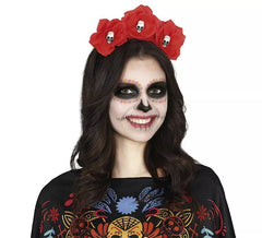 Headband of red flowers with skulls