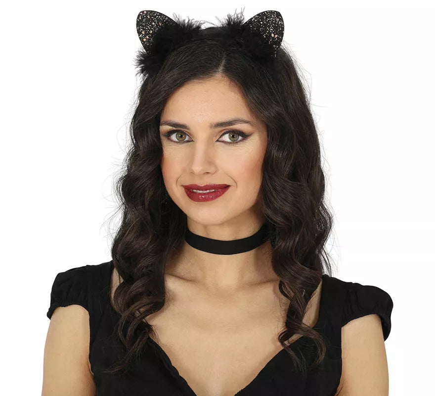 Diadema de Gatita con plumas negras adulto