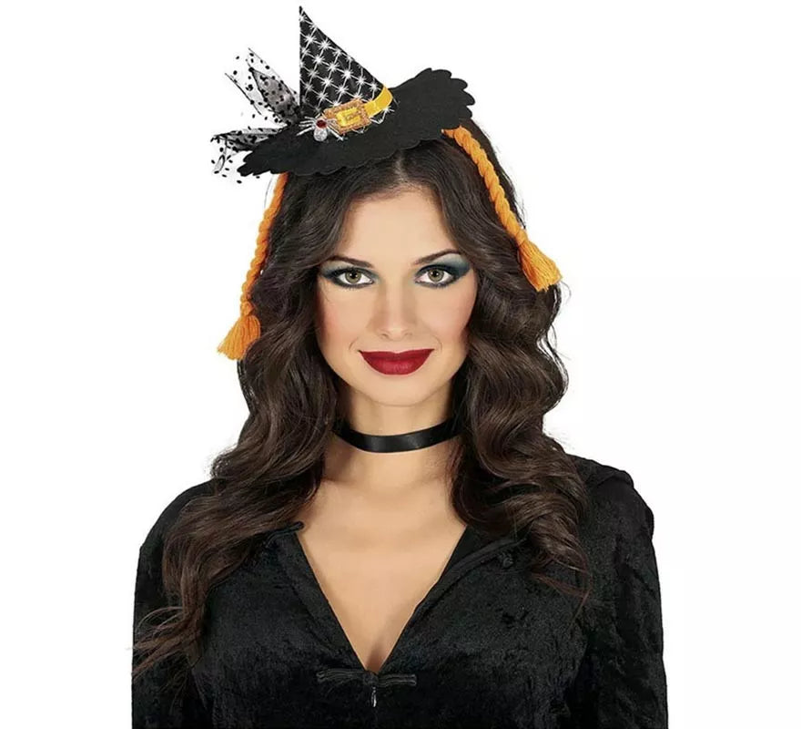 Translation missing: en.Diadema de Mini Sombrero Bruja con trenzas naranjas