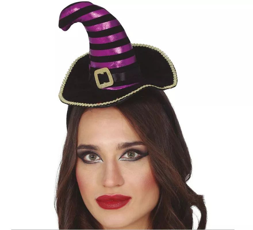 Diadema de Mini Sombrero de Bruja Negro/Lila