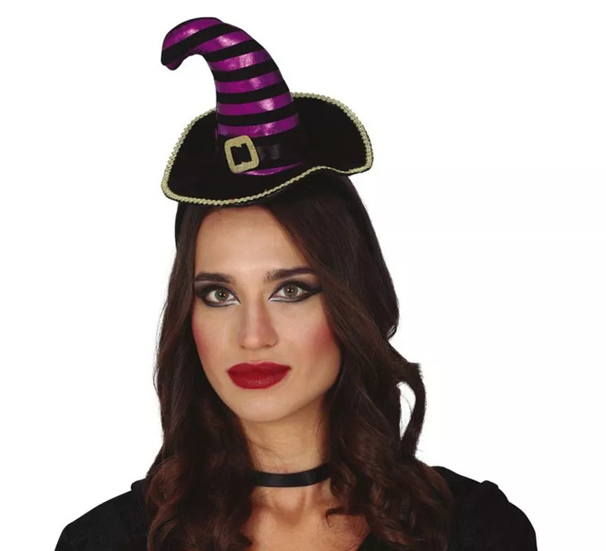 Diadema de Mini Sombrero de Bruja Negro/Lila