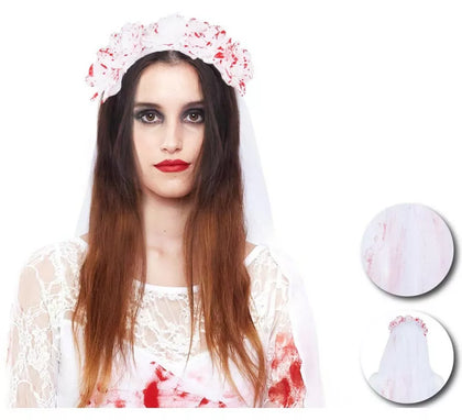 Diadema de Novia muestra con velo y sangre falsa de 90 cm